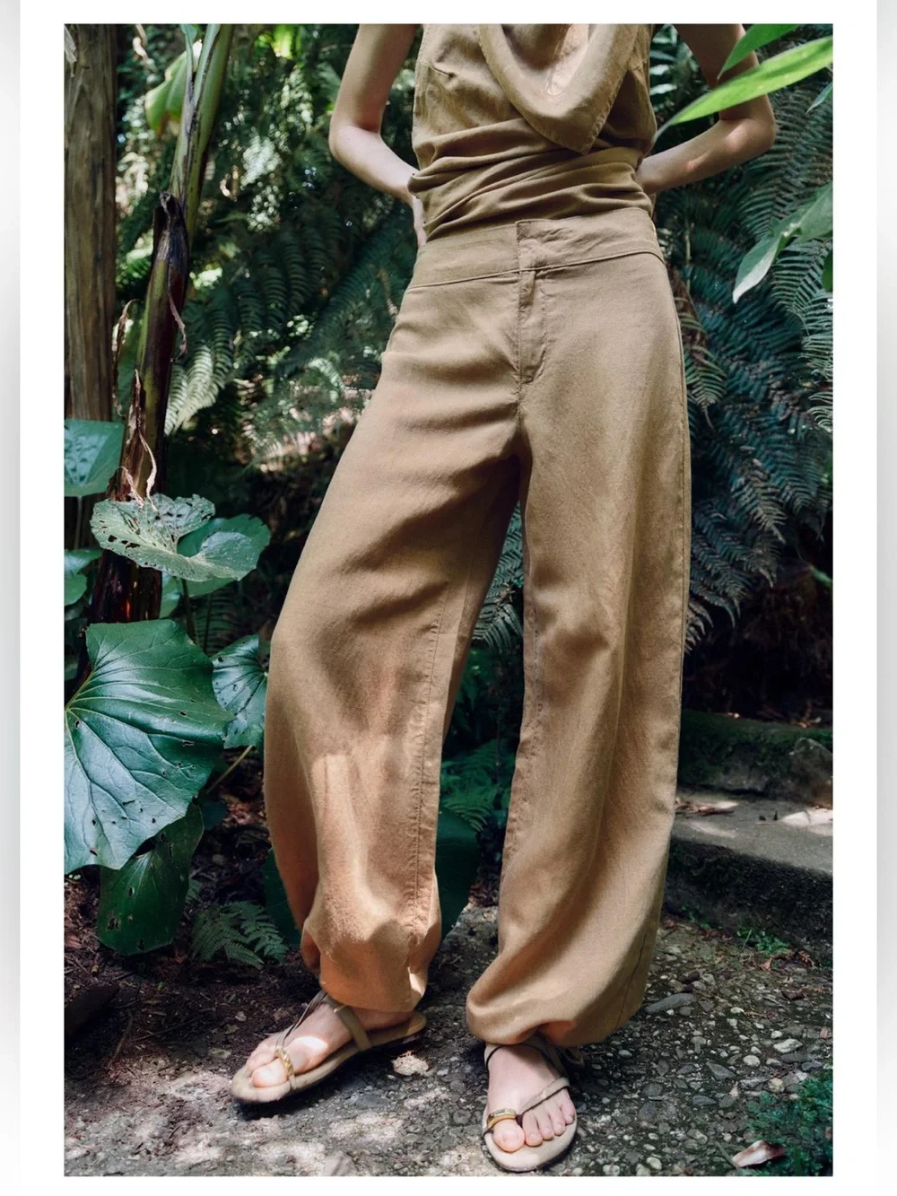 NEW Zara Drawstring Wide Leg Linen Pants Sand Sz M